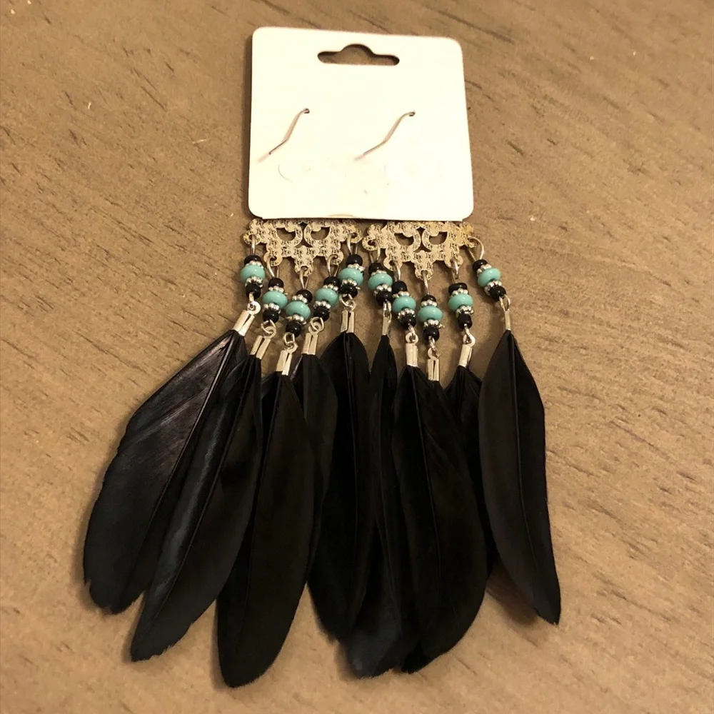 Black Feather Bohemian Dangle Earrings With Blue Beads Fashion Jewelry